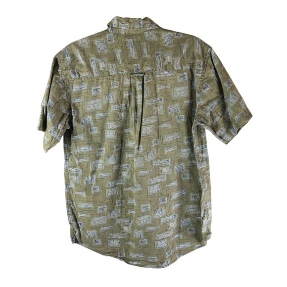Essential Needs Mens Button Down Shirt Novelty Fish Print Cotton Beige S - Picture 3 of 4